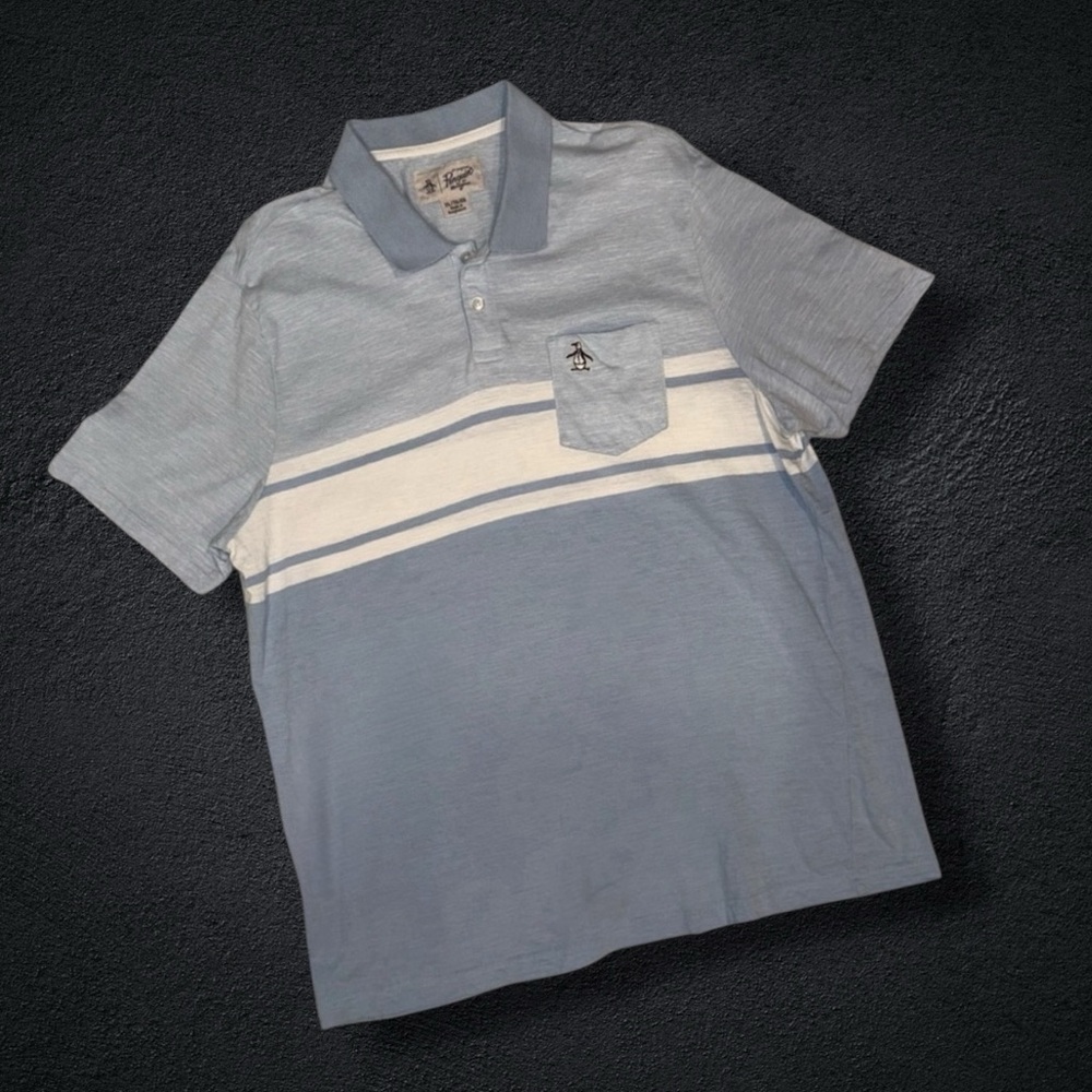 Original Penguin Polo Shirt XL Light Blue White Stripe Pocket Logo Golf Casual